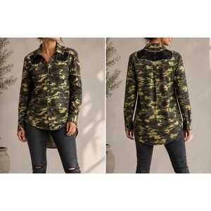Thrill Jeans Camo Mesh Distressed High Low Button Up Shirt XL Camouflage Punk